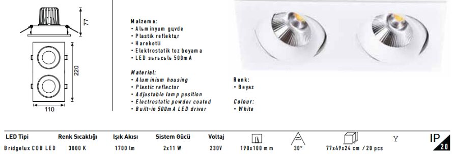 Jupiter 2’li Hareketli LED Spot  Beyaz LS442