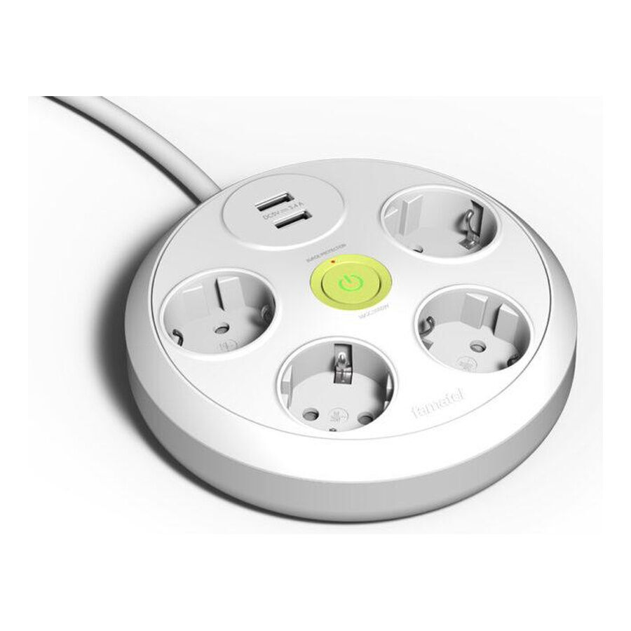 Famatel Yuvarlak Dörtlü Topraklı Anahtarlı Grup Priz 2xUSB-A 16A 250V 3 Metre Kablolu Beyaz 2644/3