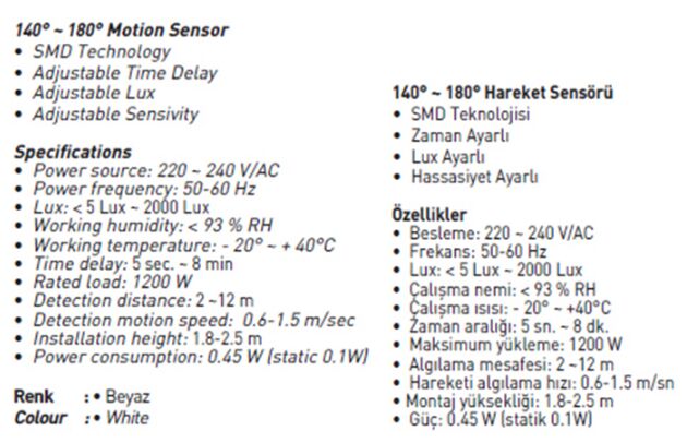 Jupiter 140°180° Hareket Sensörü JS475